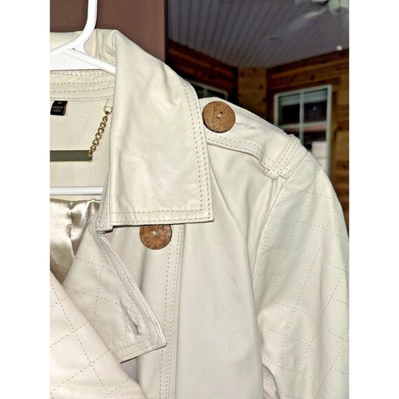 IMAN Leather Trench Coat Jacket Women M Cream Chic Retro Elegant Old World Fall - Picture 11 of 16